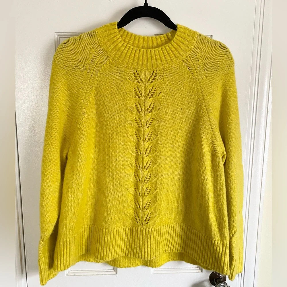 LOFT Yellow Pointelle Crewneck Knit Sweater Womens Size Small Wool Blend